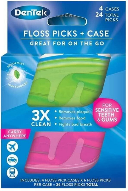 DenTek 이동 중에도 사용할 수 있는 Floss Picks & 여행용 케이스 각각 6개의 치실 피크가 있는 여행용 케이스 4개 (1팩), DenTek 이동 중에도 사용할 수 있는 Floss P, 1개