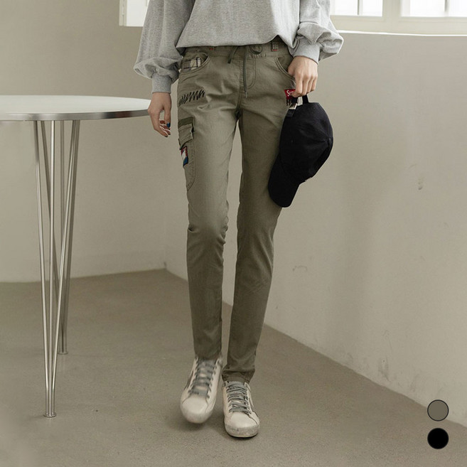 국내 생산 여성용 시원한 여름바지 스판 밴딩 자수 패치 슬림핏 카고 팬츠 slim cargo pants