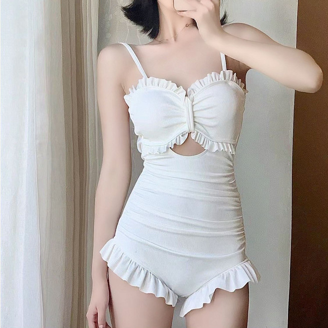 高級感連體泳衣 純欲風長袖防曬罩衫 學生少女泳裝, 1個, 8266 白色XL碼 (適合108-125斤)