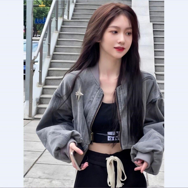 美式潮牌水洗牛仔短版外套 女款寬鬆長袖拉鏈開衫夾克