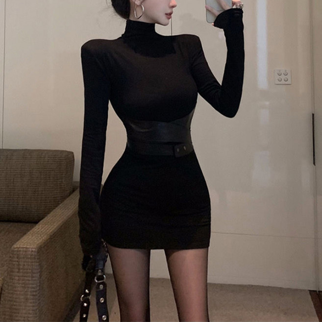 여성용 목폴라 슬림 긴팔 미니 원피스 섹시 힙업 스커트 클럽 파티룩 슬림소녀