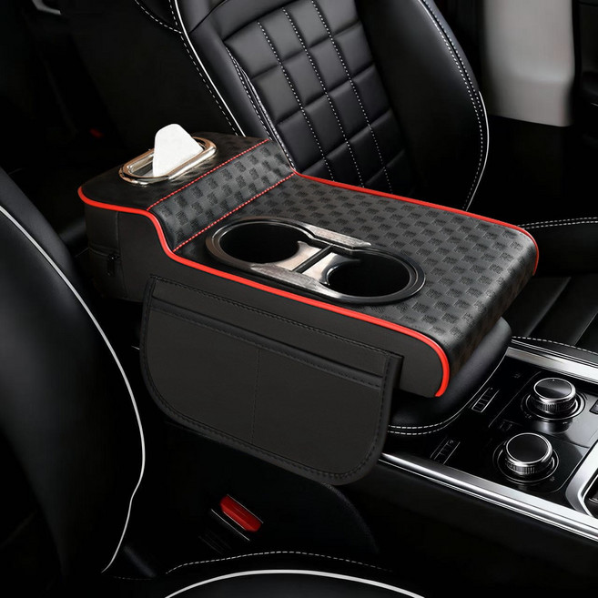 Purevia 다기능 자동차 팔걸이 쿠션 컵홀더 휴지통 폰 거치대 통합 일체형 차량 내부 정리 필수, 1개, 블랙레드