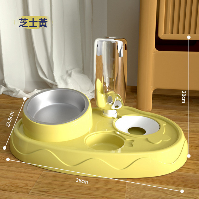 貓碗狗碗不鏽鋼水糧一體寵物碗大容量貓咪飲水餵食器食品級, 1個, 月牙黃整套+不鏽鋼碗【現貨批發】:一體碗, 1L