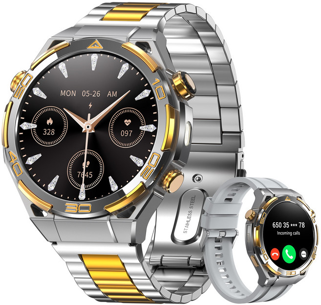 IOWODO W90pro 아웃도어 스마트워치 남성 시계 1.43인치 스틸밴드 GPS 운동경로 나침반 기상 메시지 알림 혈중산소 심박수 수면 스트레스 측정 건강 모니터링, GPS + 블루투스, 4.8cm, 은색