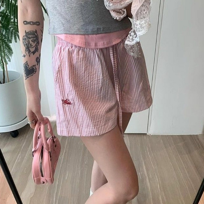 후암마켓 여성 스트라이프 파마자 일상 자수 밴딩 반바지
