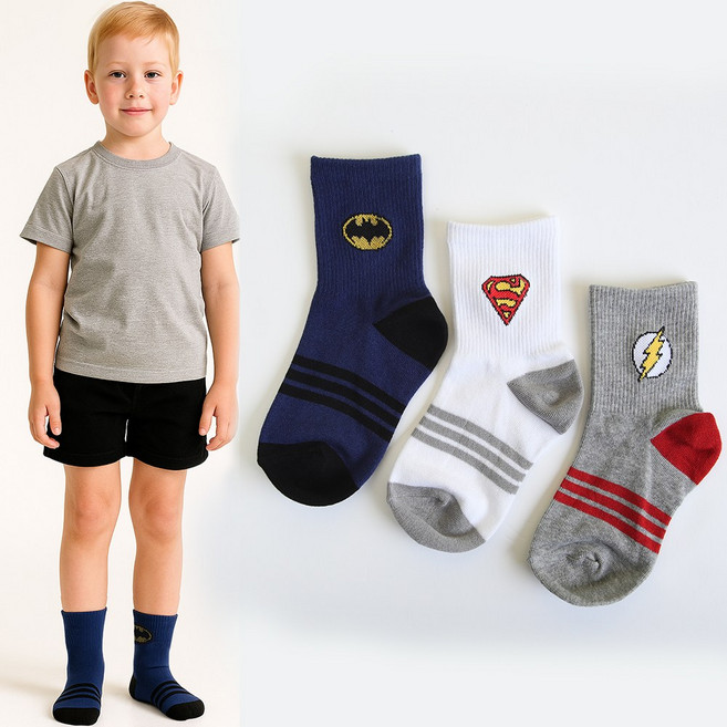 국산 DC 저스티스리그 히어로 수퍼맨 배트맨 플래시 3켤레 아동 남아 어린이 남자아이 키즈 초등 중목 양말