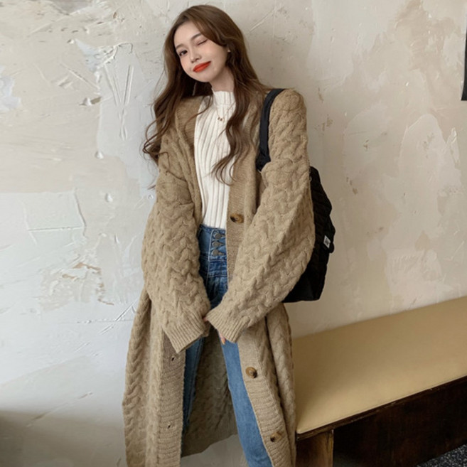 믹스블링 브이넥 니트 단추 루즈핏 롱 가디건 데일리 여성