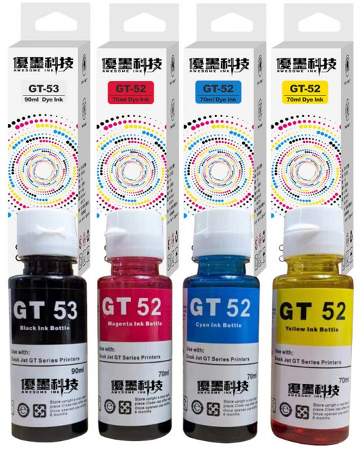 優墨科技 惠普 HP GT51 GT52 GT53 副廠墨水 適用於 DeskJet GT 系列印表機, 1套, 四色一組