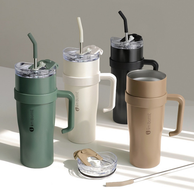 스텐 빨대 텀블러 휴대용 손잡이 1200ml 대용량 스텐 텀블러 보온 보냉 콜드, 1개, 메가스 빨대텀블러ㅡ(미스틱블랙)