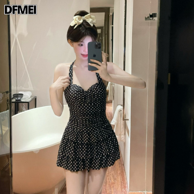 QRU 韓國ins風復古經典波膽蛋糕裙款 修身顯瘦大小胸連體游泳衣女泳裝, XL【105-120斤】