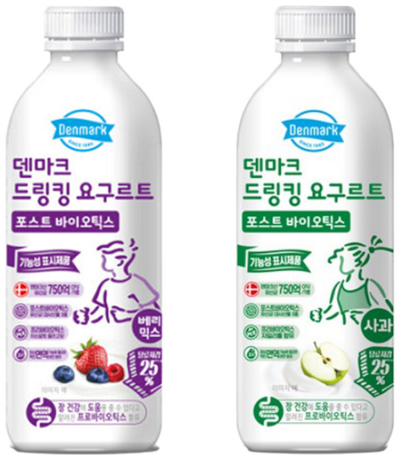덴마크 드링킹요구르트 750mLx2병(베리믹스1+사과1)혼합무배, 750ml