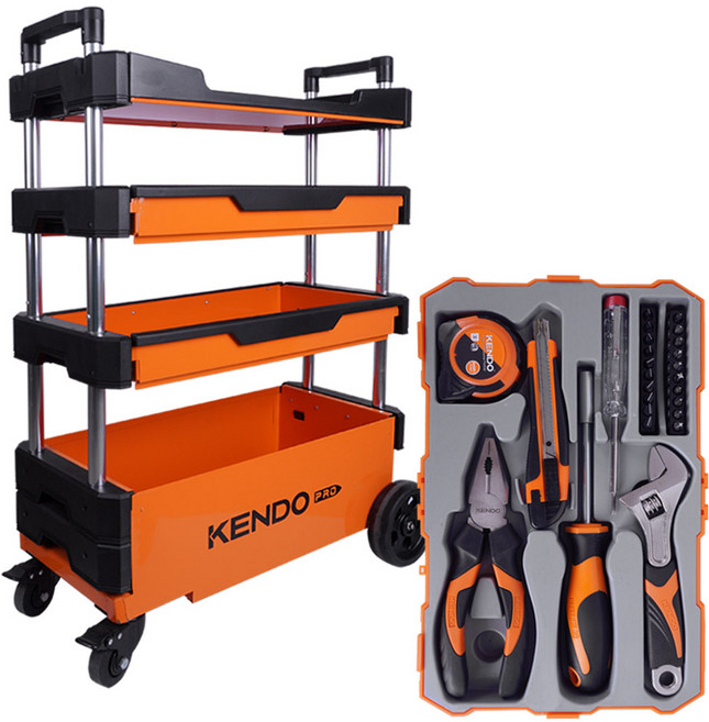 켄도 이동식 철제 공구함 트롤리 90333CO+공구세트 86128CO, 1개