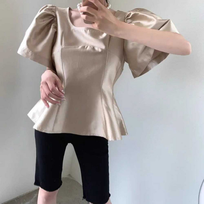 여자 블랙 파워숄더 블라우스 여름 스퀘어넥 셔츠 탑