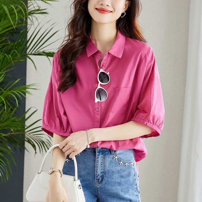 쩐쿠 봄 여성 카라넥 오버핏 셔링 셔츠 블라우스 8900