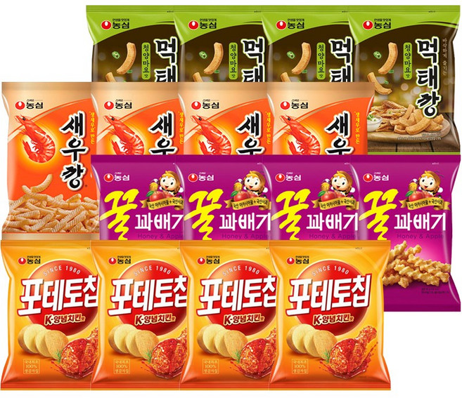 농심 포테토칩양념치킨맛4+꿀꽈배기4+새우깡4+먹태깡4, 16개, 50g