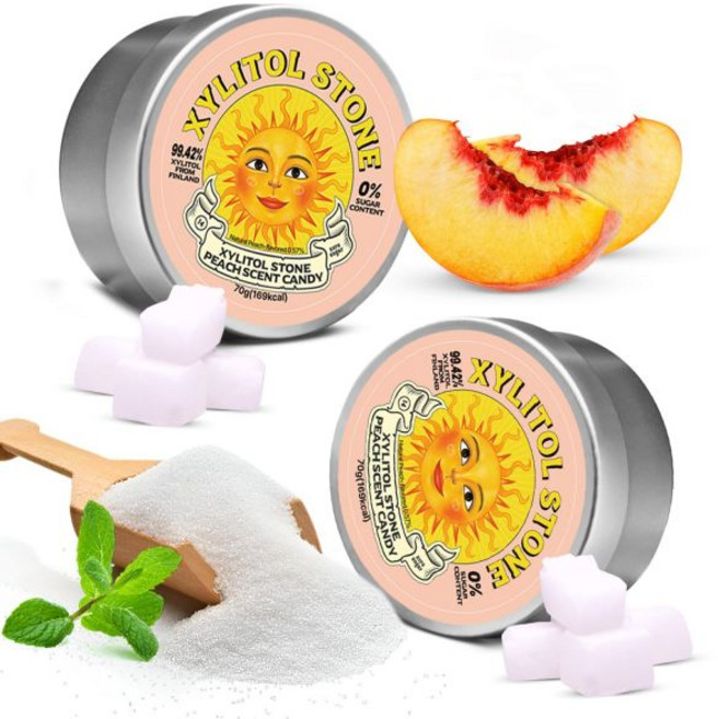 자일리톨 스톤 무설탕 사탕 - 비건 및 케토 친화적인 독특한 하드 캔디 100% 천연 향미 글루텐 프리 비유전자변형 무첨가 구취개선용 저칼로리 민트 페퍼민트 부스터 (2개 세트, 복숭아 (2팩), 70g
