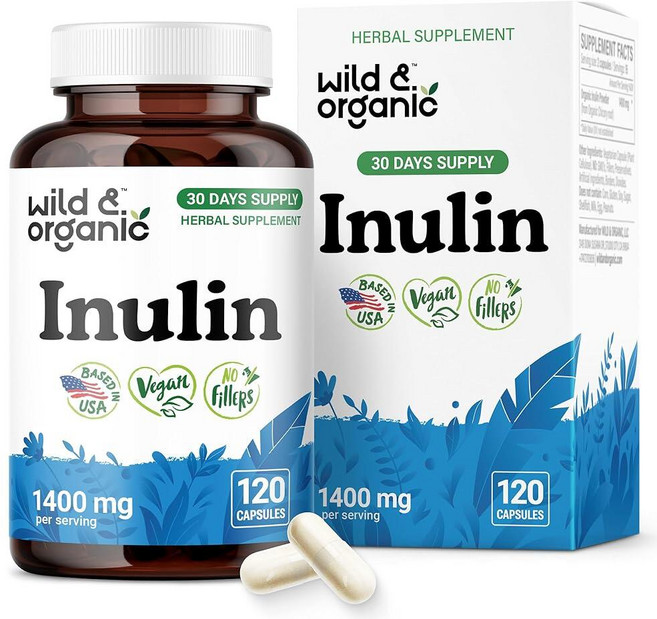Wild & Organic 이눌린 프리바이오틱 섬유 캡슐 1400mg - 소화 및 장 지원 치커리 뿌리 파우더 보충제 비건 필러 없음 GMO 프리 60개입 139917, 120 Count (Pack of 1)