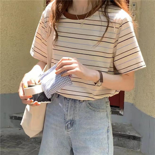 삼제태전 여자 여름 스트라이프 반팔 티셔츠 넉넉한 순면