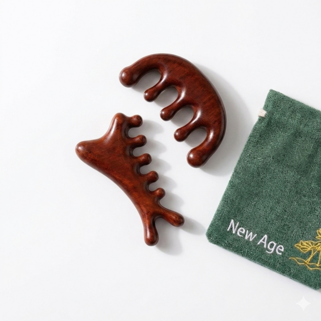 NewAge 샌달우드 괄사 2종 세트 얼굴 바디 두피 홈케어 림프 붓기 리프팅 마사지, 갈색, 1개