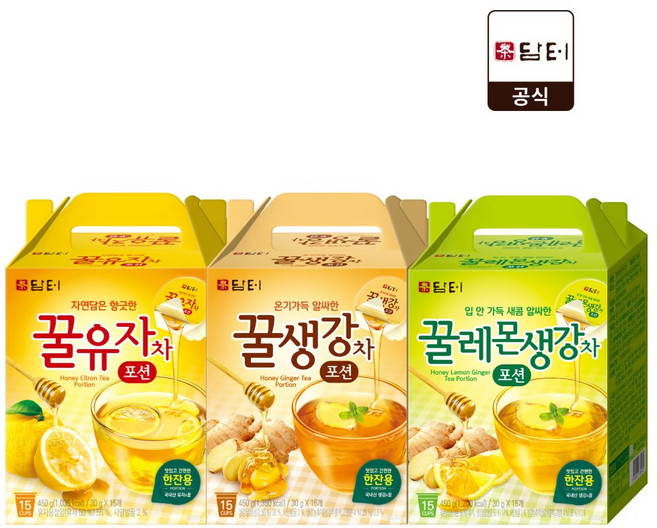 담터 유자차 포션 15T+생강차 포션 15T+꿀생강레몬차 포션 15T, 3개, 15개입, 30g