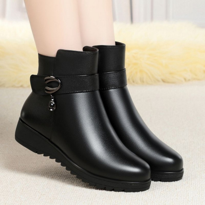 POMTOR 여성 발편한 캐주얼 데일리 웨지 통굽 옆지퍼 기모 앵클부츠