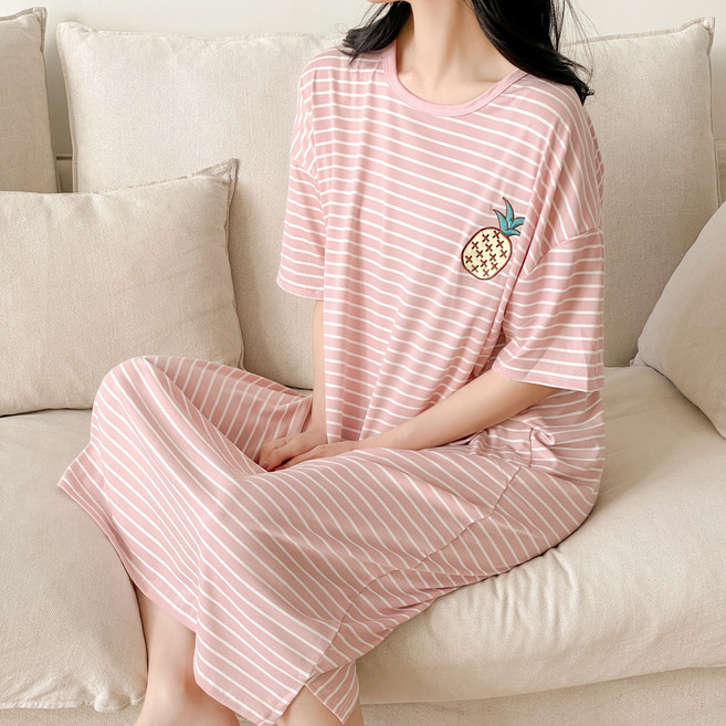 IAWI 여성용 스트라이프 과일 원피스 잠옷 오버핏 44-99 빅사이즈 롱 홈웨어 파자마