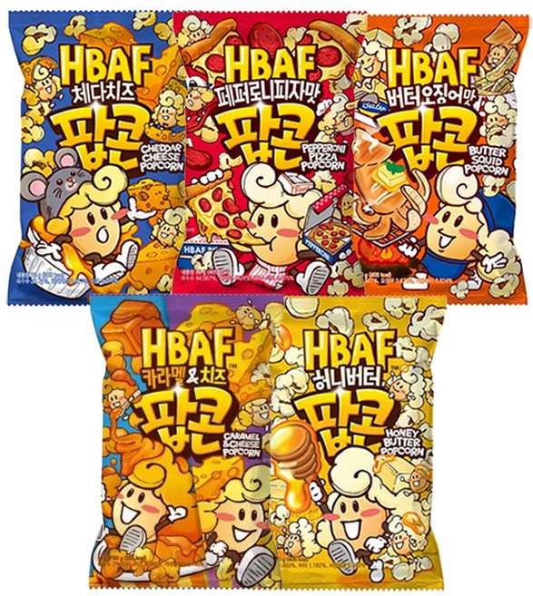 HBAF 바프 팝콘 체다치즈+페퍼로니피자+버터오징어+카라멜치즈+허니버터 (총 5개), 80g