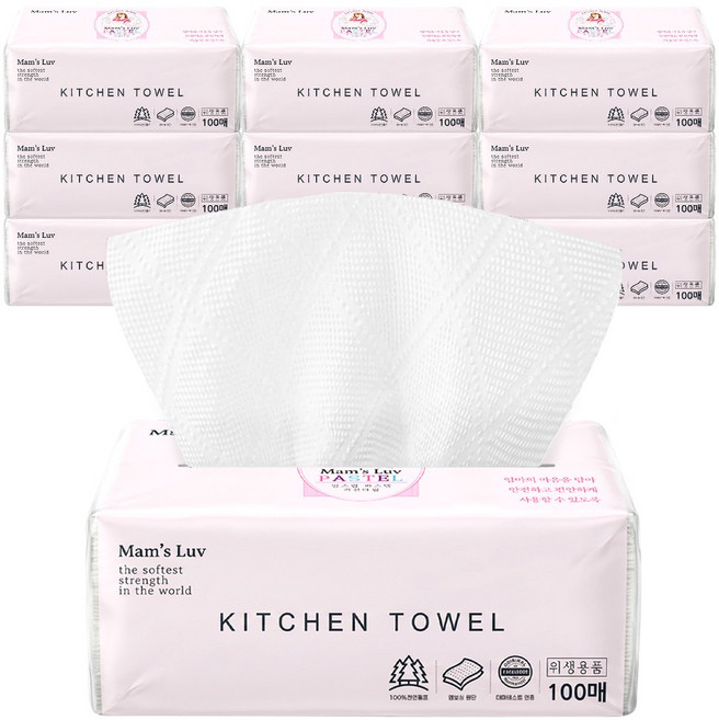 맘스럽 독일더마 파스텔 키친타올 100매 x 9개 천연펄프 무형광 각 고급티슈 휴지 화장지