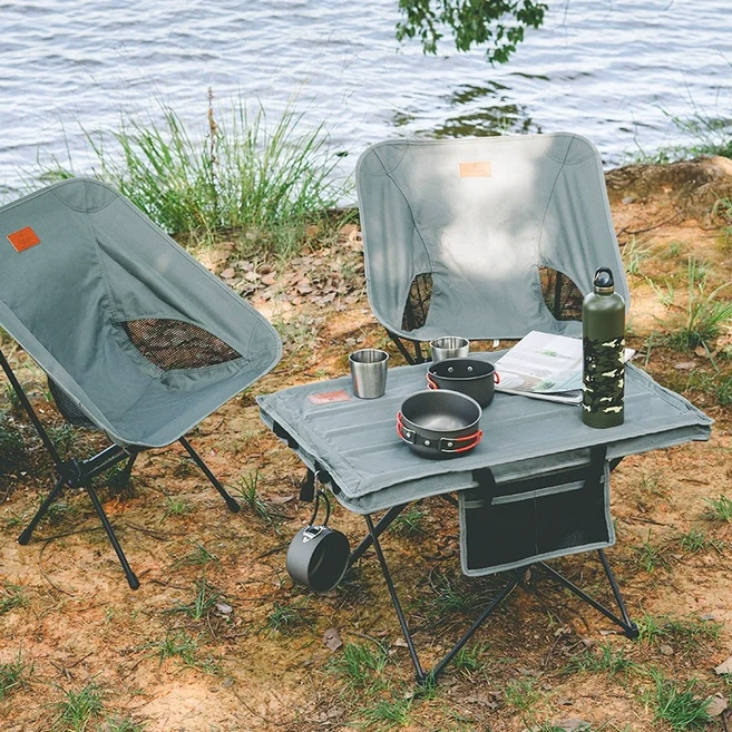 [트라이턴] 야외 캠핑 테이블 의자 세트 2인용 휴대편리 접이식 일체형 탄소강 하이백 체어, 그레이