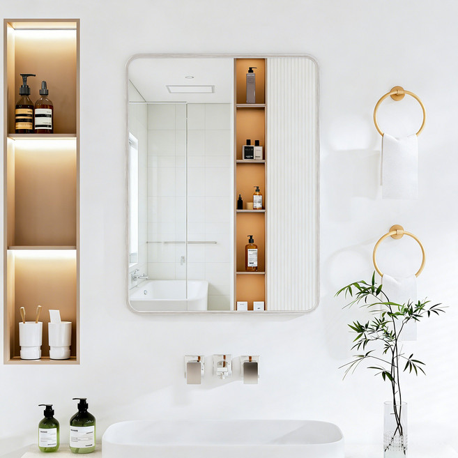 뷰티피크 라운드형 벽거울 화장대거울 욕실거울 강화안전유리, 실버45cm