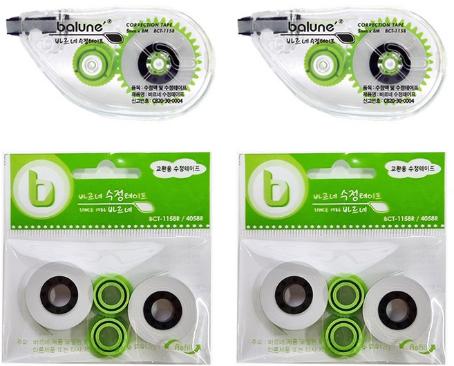더주니 바르네 수정테이프 8M 본품 리필 BCT-1158, 1개, 본품 2개 + 리필 2개 세트