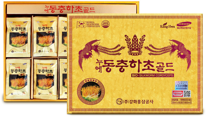 [KangHwa Health] 누에 동충하초 골드 및 12가지 전통원료 함유 BIO-SILKWORM CORDYCEPS 30ml x 60포 + 쇼핑백 1세트, 60개