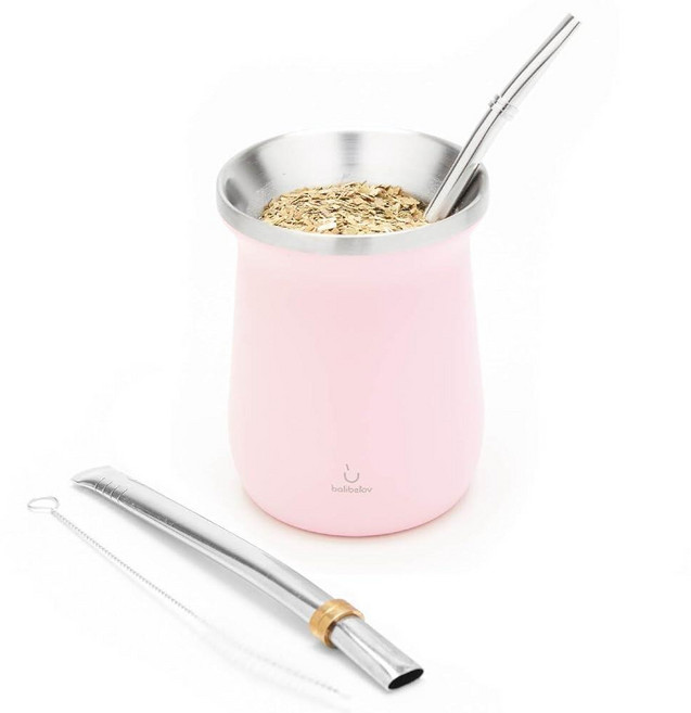 스테인리스 스틸 Yerba Mate Gourd and Bombilla 세트 - 세척 및 유지 보수가 쉽습니다. (블랙), 핑크