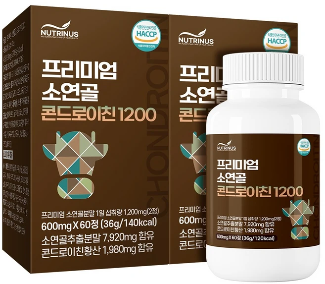 뉴트리너스 프로테오글리칸 소연골 콘드로이친1200 소연골추출물 콘드로이친황산 2형콜라겐 저분자효소 우슬, 60정, 2개 - 쿠팡