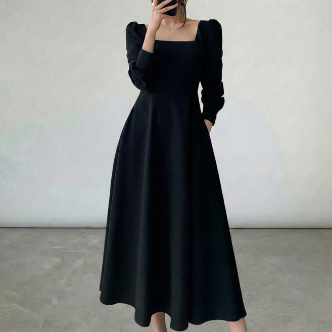 UPPERCUT 여성 스퀘어넥 긴팔 퍼프소매 슬림원피스