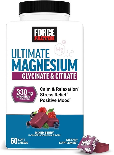 Force Factor 얼티밋 마그네슘 보충제 젤리와 같은 글리시네이트 및 구연산 330mg 진정 휴식 비건 글루텐 프리 믹스 베리 맛 부드러운 껌 60개 23912, Magnesium Glycinate & Citrate, 1개 - 쿠팡