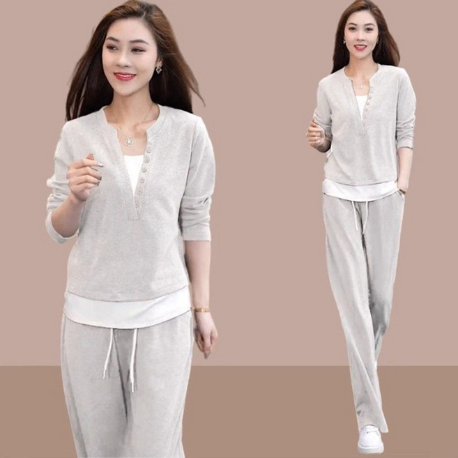 FANSYLI 봄가을 패션 캐주얼 세트 여성 브이넥 긴팔티셔츠+와이드팬츠 투피스 슬림 트레이닝 상하복 W2508A08