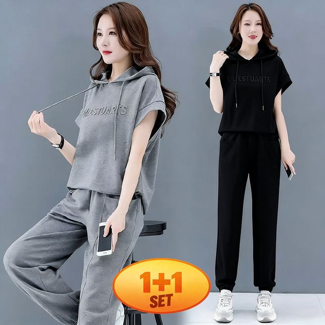 빅사이즈 여성복 트레이닝 여성용 여름 반팔 후드티 날씬 디자인 캐주얼 스포츠 모자 반팔티 긴바지 두 개 조합 세트 1+1 2세트 상하의세트X2