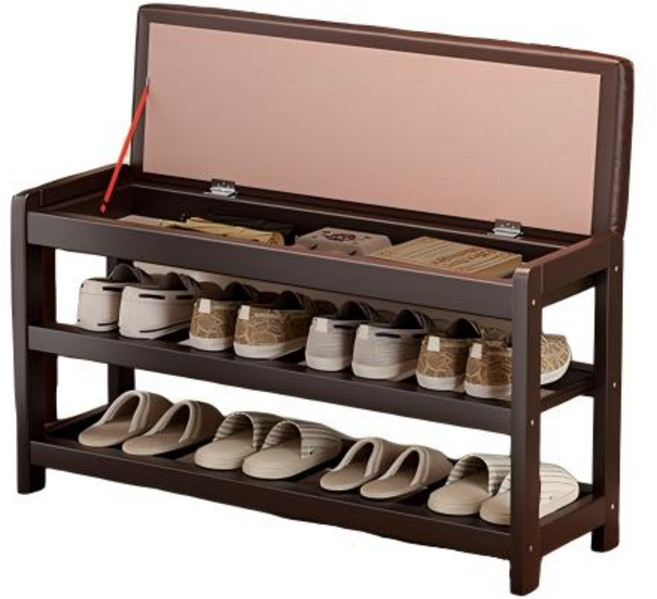 實木鞋櫃椅 70x28x48cm 附坐墊 換鞋凳 收納凳, 深胡桃色, 1個