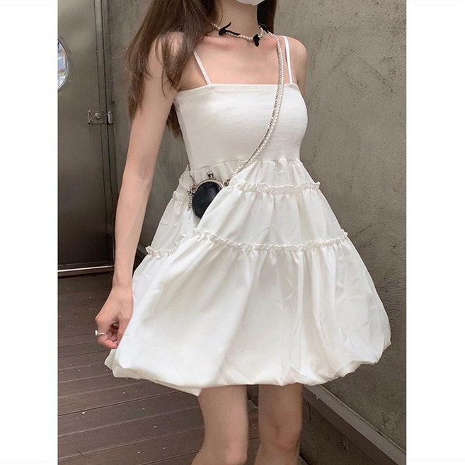 白色 吊帶木耳邊連衣裙 韓版甜美收腰蓬蓬短裙, 白色吊帶蓬蓬裙,M