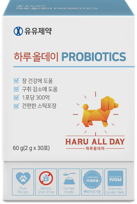 유유제약 하루올데이 PROBIOTICS 강아지 유산균 영양제 면역력 소화력개선 1포 300억 카제로템 신바이오틱스 2gx30포, 30회분, 장건강/유산균, 1개