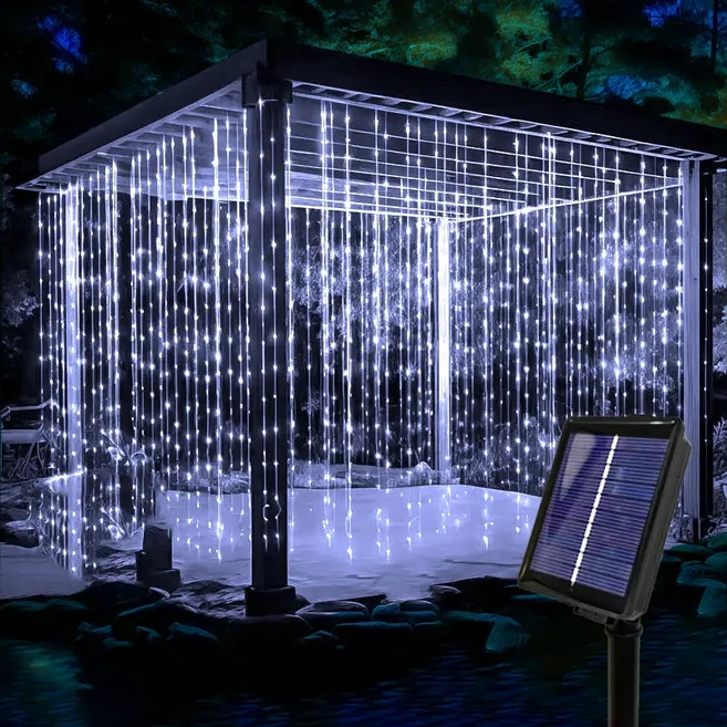 실버 와이어 야외 태양 커튼 요정 빛 문자열 Sunmer 홈 Decoraiton 캠핑 파티 분위기 장식 화환 램프, 02 White Light, 01 Solar-3x2M 200LEDs