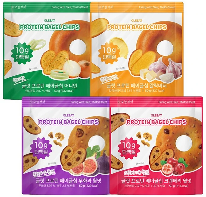 글릿 프로틴 베이글칩 4종 [어니언+갈릭버터+크랜베리+무화과] 단백질10g 저칼로리, 1세트, 200g - 쿠팡