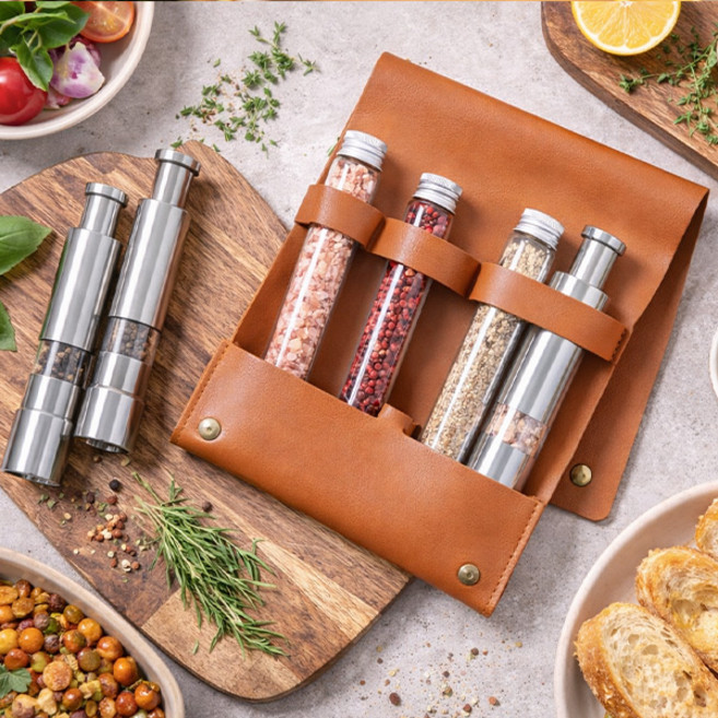원터치 소금 후추 그라인더 리필용기 가죽파우치 풀세트, 1세트, 25ml