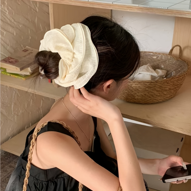 우아한 포인트 플리츠 플라워 빅사이즈 헤어슈슈 곱창밴드