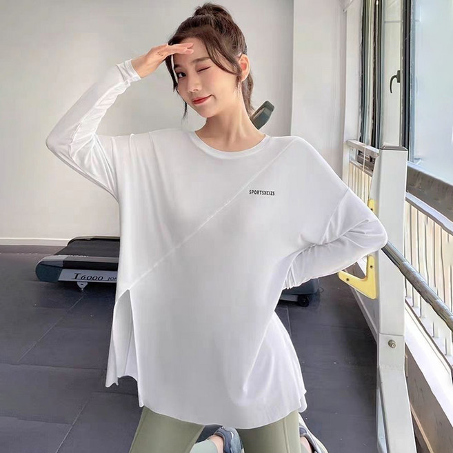 POMTOR 여성 빅사이즈 300근 트임 스판 힙커버 요가복 필라테스복 러닝 트레이닝 상의 오버핏 티셔츠