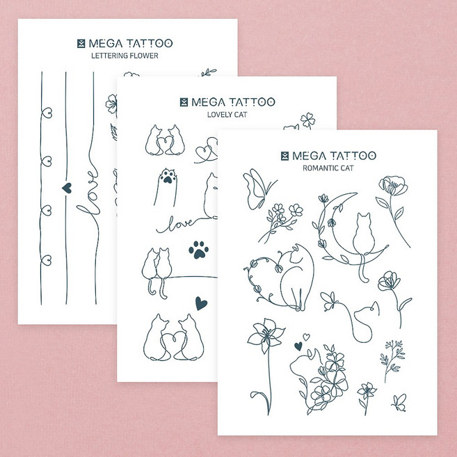 MEGA TATTOO - 라인 아트 드로잉 타투스티커 6종(택1), LOVELY CAT, 1개