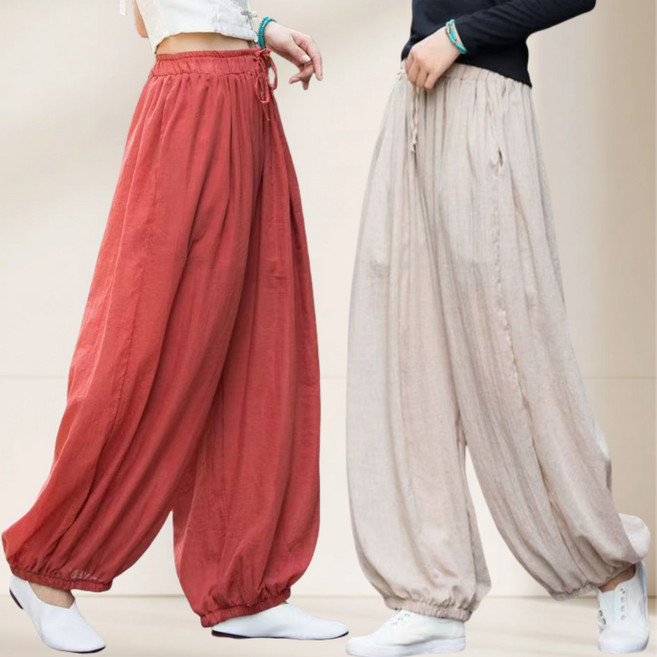 Unique 중년여성 통기성 린넨 롱 바지 엄마 면마 와이드 팬츠 빅사이즈