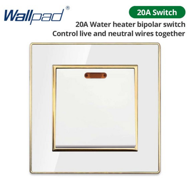 Wallpad 흰색 아크릴 패널골드 테두리 포함 LED 표시기가 있는 2방향 벽 조명 스위치 USB가 있는 EU 전기 콘센트, 1개, [08] 20A Switch