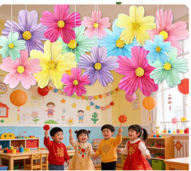 DIY懸掛式紙花裝飾 摺扇花派對佈置 幼稚園教室裝飾 18入, 彩色
